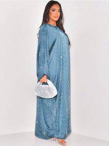 Middle East 2026 Spring/Summer New Women's Fashion Loose Rhinestone Abaya Cardigan Long Robe - Light Blue - View 3