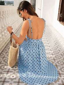 Vestido de playa para mujer con cuello en V, espalda descubierta, cintura ceñida y bajo suelto - Azul - Ver 1