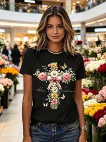 Women's "He Is Risen" Easter Floral T-Shirt, Soft Casual Fit, Short Sleeve, Round Neck, For Spring And Summer, Machine Washable. - Black - View 3