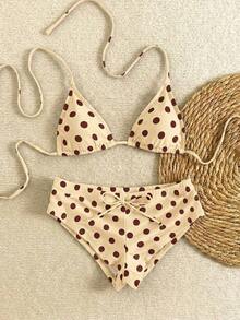 Nuevo conjunto de bikini con estampado de lunares sexy, espalda descubierta y lazo, con tirantes de espagueti para playa y piscina en vacaciones - Beis - Ver 6