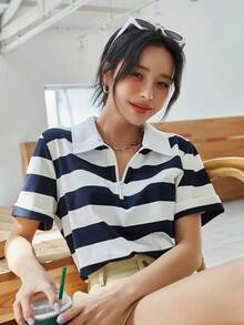 T-Shirt With Half Zip And Striped Print - 藍白 - 查看 4