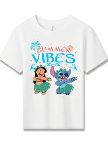 Disney Lilo And Stitch Summer Vibes Printed Pattern T-Shirts For Girls - Children's Clothing Design Short-Sleeved Casual And Cute Style Comfortable And Casual Wear All Year Round Suitable For Parties And Play Machine Washable Gift Children's Clothing Girls' Short-Sleeved Shirts - 白色 - 查看 2