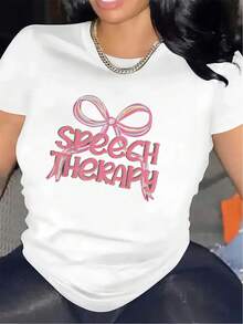 Women's Short-Sleeved T-Shirt, Suitable For Speech Therapy Professionals. | Made From A Durable, Lightweight, And Comfortable Material, It's Ideal For Use In Offices Or Clinics, Featuring A Pink Bow Design And Eye-Catching Text, Making It A Perfect Choice For Therapists In Medical Or Educational Settings. - 白色 - 查看 1