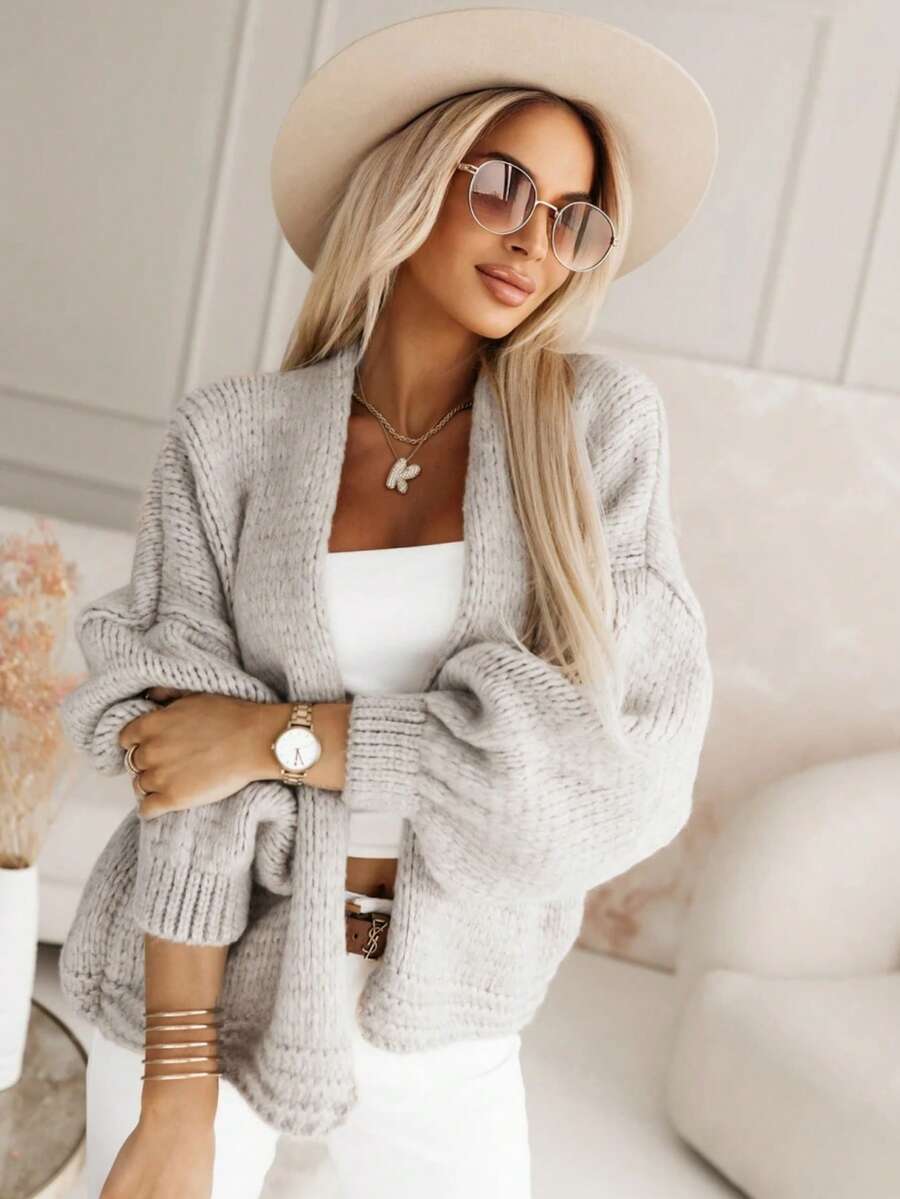 Suéter de punto de canalé grueso de unicolor para mujer, elegante y de moda con mangas farol, prenda de punto de estilo francés para uso diario y de oficina en otoño/invierno, una pieza esencial y sencilla para capas - Gris Claro - Ver 1
