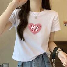 Camiseta de manga corta de algodón puro para mujer, nuevo estilo de verano, top corto blanco de cuello redondo y corte ajustado, versátil para figuras pequeñas, totalmente de algodón. OLST - Corto de talle alto - corazón rosa - Ver 11
