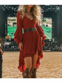 Vestido largo vintage mujer, unicolor volantes irregular cuello V cintura alta boho otoño - Color caoba - Ver 3