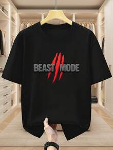 Camiseta de Algodón 100% para Hombres Talla Grande con Estampado Beast Mode - Cuello Redondo y Manga Corta Casual, Ideal para Primavera, Verano y Otoño - Ropa Cómoda y Transpirable, Conjuntos Beast Mode, TALLA GRANDE - Negro - Ver 2