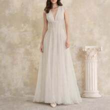 Vestido largo de mujer de moda en color sólido con cuello en V estilo té suave para primavera y otoño - Blanco - Ver 9