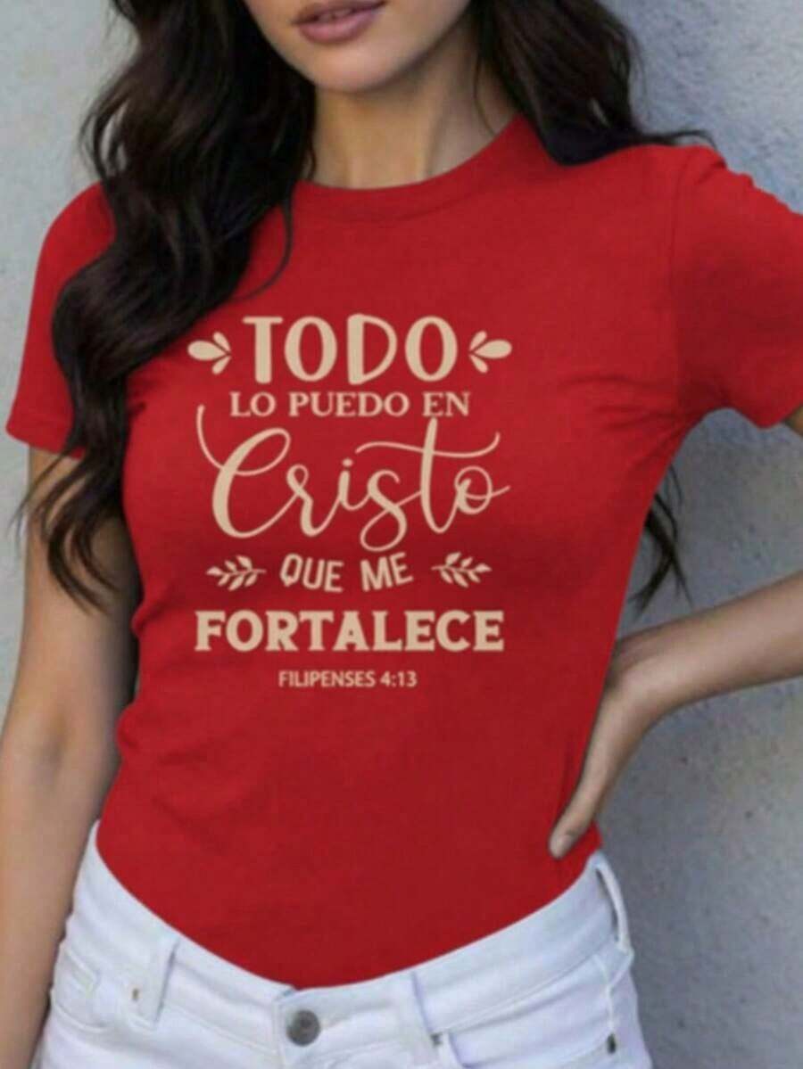 T-Shirt With Slogan Print In Sexy, Casual, Sweet, Party, Elegant, High Elasticity, Beach, Night Out, Vacation, Wedding, Sporty, Office, Home, Summer - 紅色的 - 查看 1