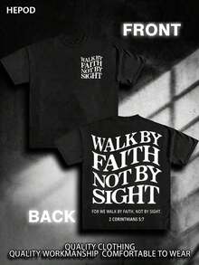 Premium Casual Unisex T-Shirts, Graphic Tees For Men, Urban Style Cotton T-Shirt, Round Neck, Loose Fit, For Autumn Travel And Holidays, Unisex, Gothic And Y2K Style, Print "Walk By Faith, Not By Sight". - 黑色 - 查看 6
