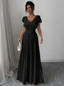 Vestido elegante y romántico de mujer con cuello en V, cintura con volantes y silueta en A - Negro - Ver 5