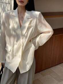 Blazer casual de manga larga con bolsillo y cierre de botones delantero liso para mujer, ropa de otoño para vestir en la oficina - Beis - Ver 7