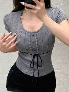 Blusa de punto con mangas cortas, empalme de corazón y cordón de ajuste para mujer - Gris - Ver 9