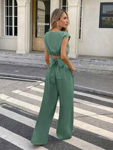 Conjunto de 2 piezas de blusa y pantalones con lazo en la espalda de unicolor para mujer, un conjunto de top holgado y pantalón de pierna ancha con lazos en la espalda, unicolor, elegante y casual, adecuado para el uso diario, primavera/verano - Verde 2 - Ver 2