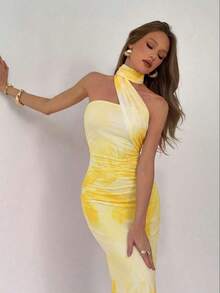 Vestido de mujer elegante y sexy con estampado floral de malla - Amarillo - Ver 7