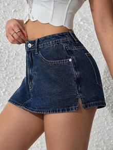 PETITE Pantalones cortos de mezclilla lisos para mujer, de moda para el verano - Azul lavado oscuro 2 - Ver 5