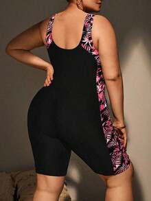 Swim Lushoire Bañador de una pieza tipo tankini con estampado de plantas tropicales y pantalones cortos, tallas grandes para mujer, ideal para el verano - Multicolor 2 - Ver 2