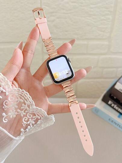 1pc Women's Asymmetrical Metal Rhinestone Silicone Casual Watch Band, Compatible With Apple Watch 38/40/41(Series 10), 42/44/45/46/49mm, Watch 18mm/20mm/22mm, Fit3/4 Pro, Multiple Colors Available (Pink, Black, White), Personalized Accessory, Suitable As Birthday/Gift