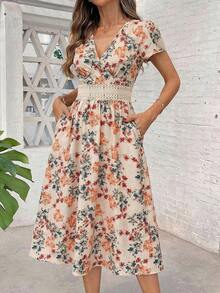Clasi Vestido de mujer elegante de verano con cuello en V, estampado de flores colocado, bolsillos dobles en la cintura, silueta evasé, adecuado para diversas ocasiones: playa, viajes, uso diario, casa, etc. - Multicolor - Ver 5