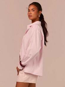 Camisa holgada de mujer de unicolor con botones delanteros, blusa de manga larga, camisa elegante para dama, camisa básica y versátil, camisa rosa, adecuada para el trabajo, uso diario, camisa de corte holgado, camisa del Día de San Valentín, camisa casual - Rosa Pálido - Ver 6