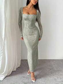 PETITE Vestido maxi negro ajustado de cuello cuadrado con copa de pecho, mangas largas de encaje con forma de S y escote sexy para fiesta de verano, cita y noche - Verde Gris - Ver 4