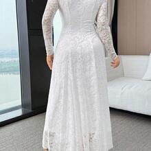 Women's Elegant Contrast Lace Pleated Waist Long Sleeve Dress - Blanco - Ver 4