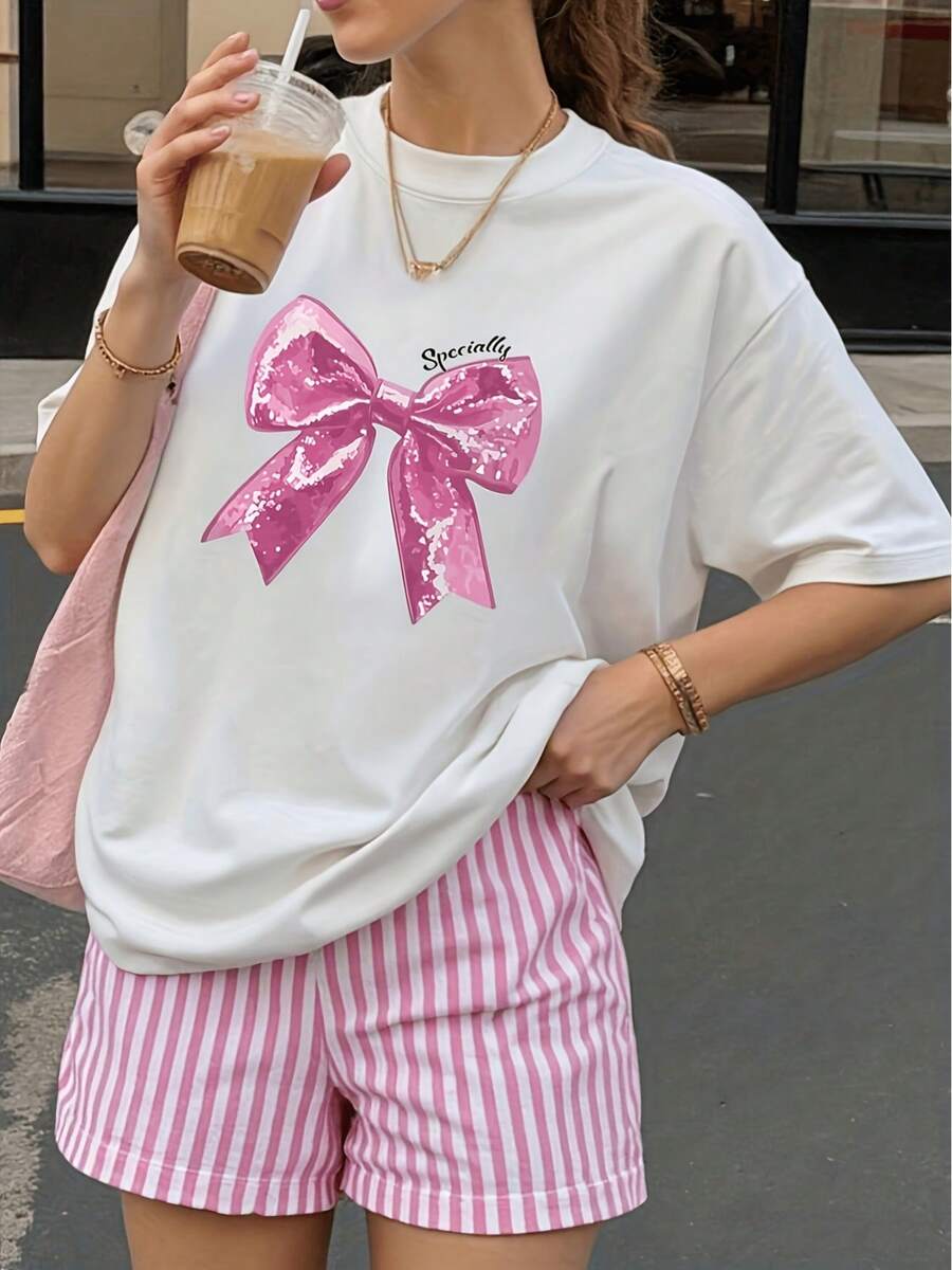 Camiseta de manga corta para mujer con lazo rosa, patrón tipo A y H, cuello redondo, ideal para primavera, verano y otoño, informal, lavable a máquina, con estampado de letras, entrega desde almacén local, suave y cómoda, ropa de mujer E - Blanco - Ver 1