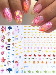 3D Cartoon Summer Nail Stickers 4pcs Cute Fish Jellyfish Sea Turtle Dolphin Seashell Tropical Hibiscus Flower Ocean Animal Design DIY Kawaii Self-Adhesive Gel Polish Decal Slider Nail Art Decoration Nail Supplies - Multicolor - View 2
