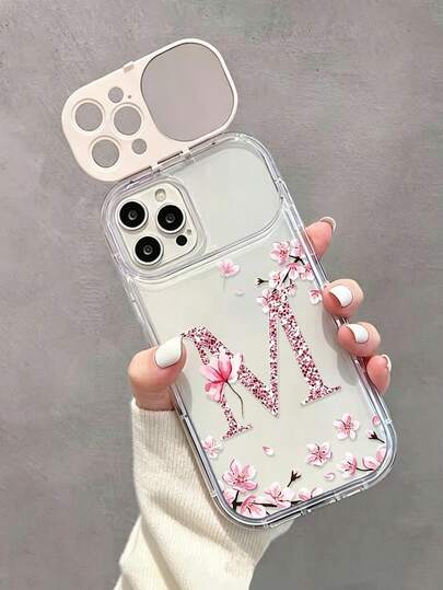乳白色 TPU 字母 M 粉色彩绘翻盖镜面极简手机壳，带镜面支架，防震保护套，兼容 17 Pro/17 Air/17/17 Pro Max、16/11/16 Pro/16 Plus/16 Pro Max/16 e/15 Pro Max/13/14/12/XS/XR/7G/8 Plus/XR/7/8，彩绘 TPU 防震软壳，适用于 15 Pro Max、13、14、11、X、12、14