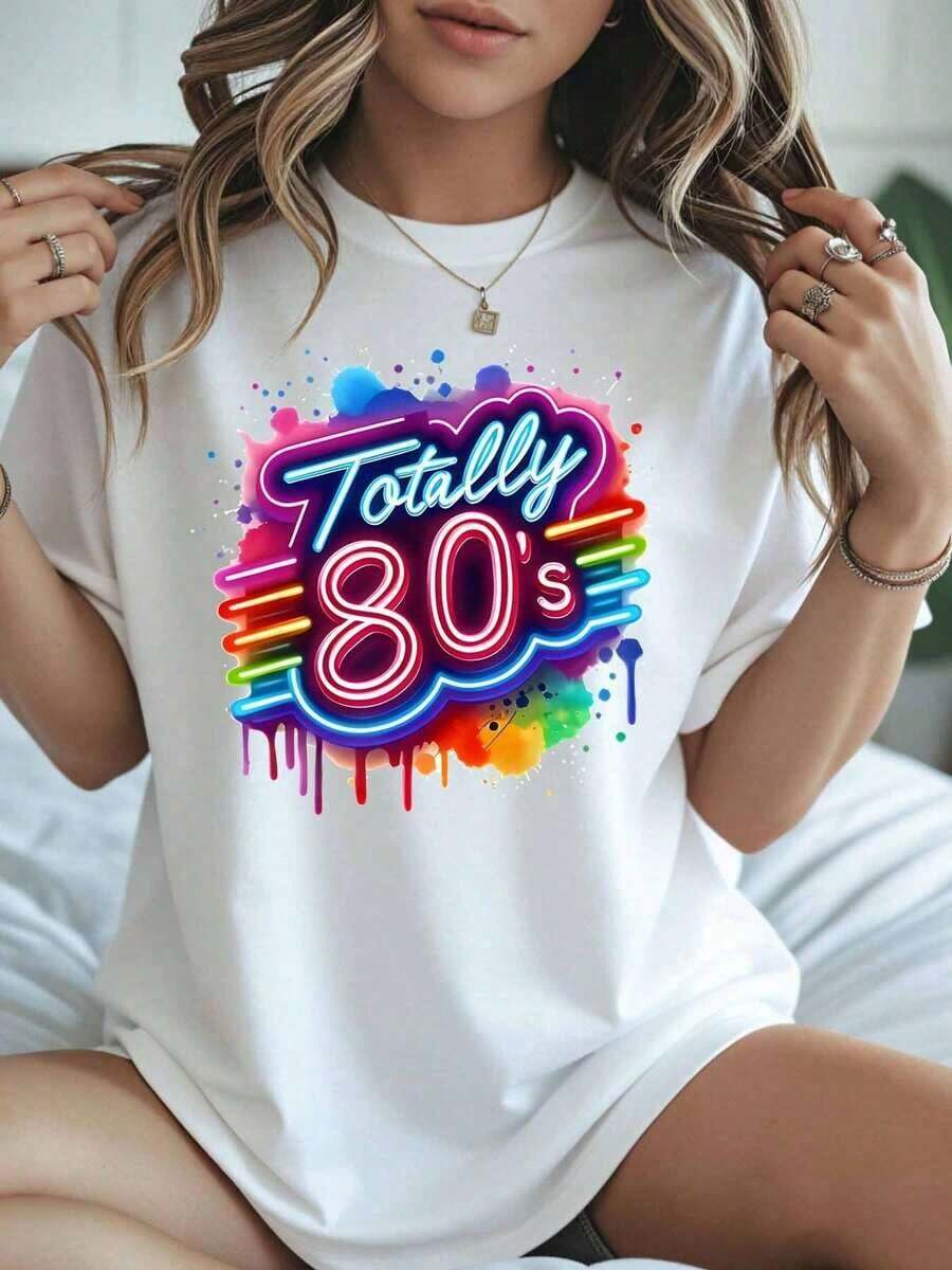1 Piece 80s Style Rainbow Neon T-Shirt, Retro Party Clothes For Women, 1980s Theme Costume, Festival Outfit, Fun Vintage Style Top, 180g, 100% Cotton. - 白色 - 查看 1