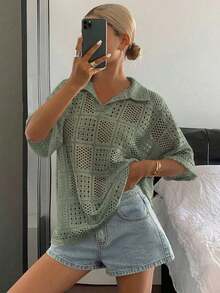 Women's Short-Sleeved Polo Shirt, Loose Fit, Textured And Openwork Fabric, For Summer - Hijau Tentara - View 2