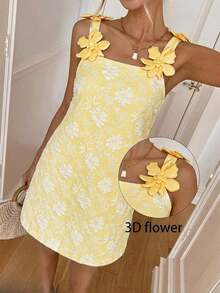 Vestido corto de verano de mujer con tirantes finos y unicolor - Amarillo - Ver 12