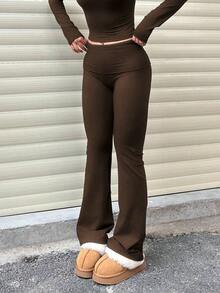 Pantalones acampanados de cintura ancha de unicolor casual para mujer, leggings delgados de cintura alta con pliegues, primavera negro - Marrón Chocolate - Ver 4