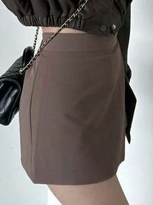Falda pantalón de verano casual de unicolor con abertura lateral para mujer - Caqui - Ver 2