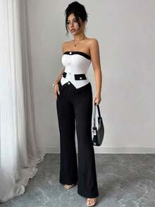 Conjunto de 2 piezas de top corto con tirantes finos y pantalones acampanados de cintura elástica, diseño versátil y casual con contraste de colores, estilo minimalista y sexy al estilo americano - Blanco y Negro - Ver 4