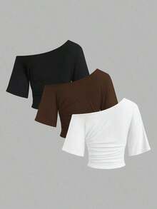 Nuevo conjunto de 3 piezas ajustado con hombros descubiertos, estilo sexy europeo y americano. Camiseta de unicolor versátil y casual para mujer, adecuada para primavera/verano, uso diario, ir al trabajo, citas - Multicolor - Ver 2