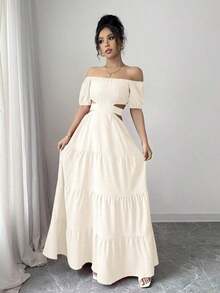 FVXX Vestido casual de verano con hombros descubiertos y lazo en la espalda, Nuevo 2026, para vacaciones - Albaricoque 5 - Ver 11