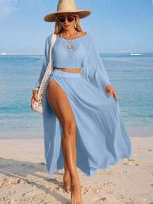 Nevyona Conjunto de dos piezas de cubrecuerpo casual de manga larga y abertura para mujer, color blanco - Celeste - Ver 7