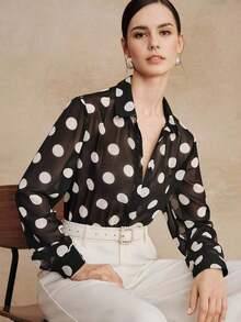 Blusa de manga larga de chifón con elegante estampado de lunares retro francés de alta calidad, camisa versátil con estampado de lunares para atuendos de oficina y vacaciones - Blanco y Negro - Ver 3