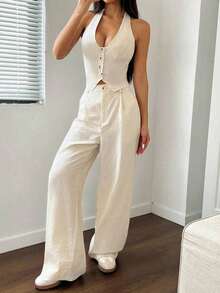 Conjunto de 2 piezas de chaleco y pantalones de unicolor de streetwear para mujer, para verano - Albaricoque - Ver 6