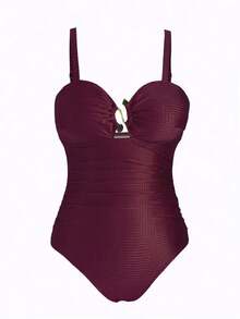 Traje de baño de una pieza con tirantes finos, cuello bajo y estampado de jacquard verde, talla grande talla, con pareo como conjunto de traje de baño de 2 piezas para vacaciones informales - Morado - Ver 3
