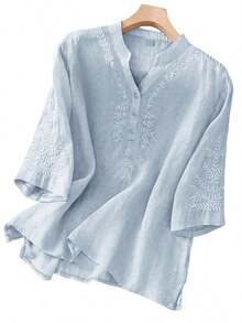Blusa de lino holgada, informal, con bordado asimétrico de unicolor para primavera y verano para mujer - Azul - Ver 4