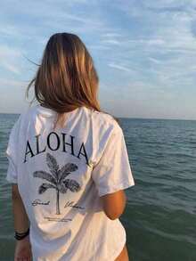 Prenda individual, no un conjunto de 3 piezas, 1 pieza/set de camisetas de manga adecuadas para ropa urbana, Top oversize de cuello redondo para salidas diarias, camping, conciertos, eventos de hip-hop, rock y rap. Camiseta gráfica con palmeras "ALOHA Good Vibes" para mujer, camiseta oversize de manga corta con cuello redondo color crema, top casual con estampado tropical de playa para verano, vacaciones y atuendos costerinos, camiseta de cuello redondo. - Blanco - Ver 7