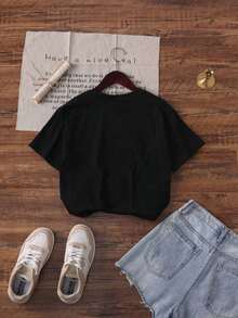 New Casual Short-Sleeved, Round-Neck T-Shirt For Women, Featuring A Modern Print Design, Soft And Comfortable Fabric, And Excellent Drape. Women's Blouses, Women's T-Shirts, Casual Blouses For Ladies - 黑色 - 查看 2