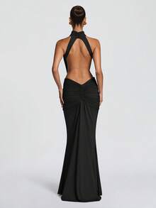 Vestido sirena largo unicolor primavera verano espalda descubierta ajustado para fiesta noche estilo europeo elegante moda nueva para mujer - Negro - Ver 7