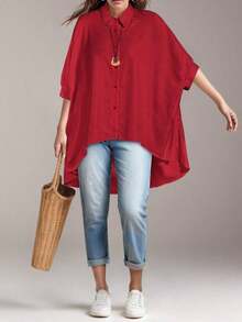 Women's Loose-Fitting, Versatile Batwing Sleeve Button-Down Shirt In A Solid Color, Perfect For Spring And Summer - 紅色的 - 查看 1