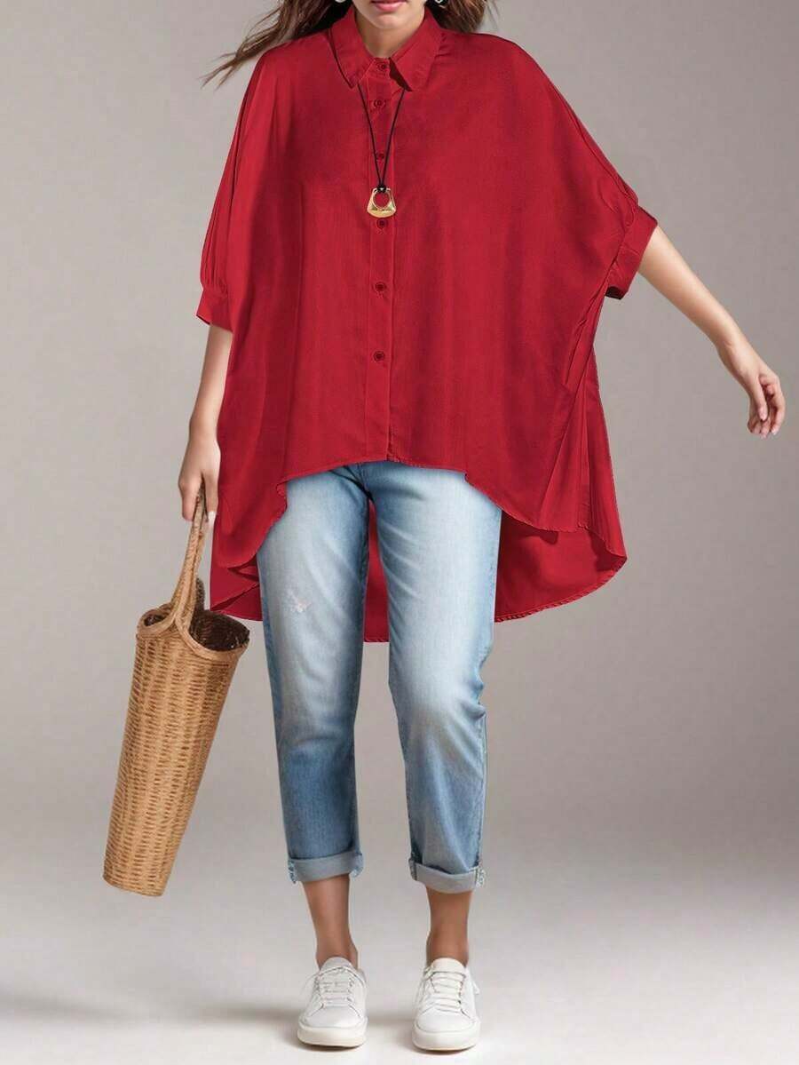 Women's Loose-Fitting, Versatile Batwing Sleeve Button-Down Shirt In A Solid Color, Perfect For Spring And Summer - 紅色的 - 查看 1