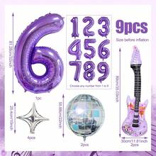 Set de 9 globos con temática de música K-Pop para cumpleaños, incluye números morados de 32" del 1 al 9, globo de discoteca, guitarra, globos de papel de aluminio con estrellas plateadas, adecuado para fiestas de cumpleaños con temática K-Pop, decoración de cumpleaños, decoración de discoteca, eventos con temática musical, fiesta de música, hip hop pop - Multicolor - Ver 2