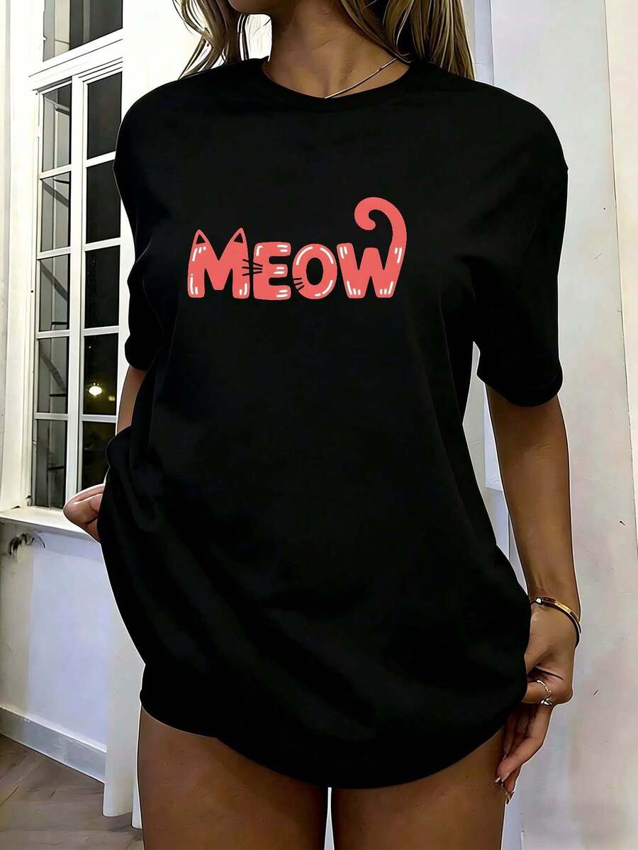 Loose-Fitting Black T-Shirt With Pink "Meow" Print Featuring Cat Ears And Tail, Short-Sleeved Crew Neck, Casual Top For Cat Lovers, Comfortable Clothing For Everyday Wear And Walks, Cute And Fun Style - 黑色 - 查看 1