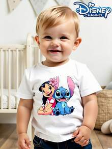 Disney's New Lilo And Stitch Co-Ed Adorable Illustration Print Design - Children's Clothing Design, T-Shirt, Everyday Wear, Casual And Cute, Comfortable And Loose, Suitable For Boys And Girls, Ideal For Parties And Playtime, Washable, Girls' Short-Sleeved Shirt, Gift, Clothing, Shirt, Patterned T-Shirt, Toddler Boy Clothes, Tops, Kids, Girls Clothing, Mommy And Daughter Matching Outfit. - 白色 - 查看 1